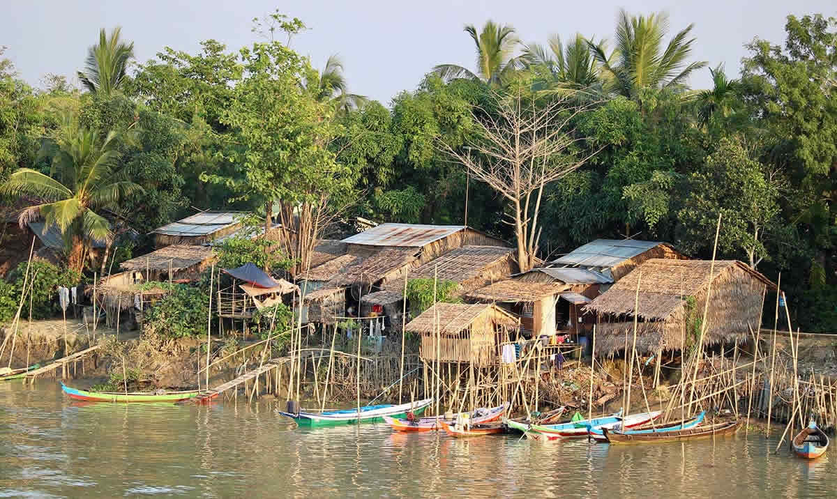 Houses on the banks of the Irrawaddy river at Wakema