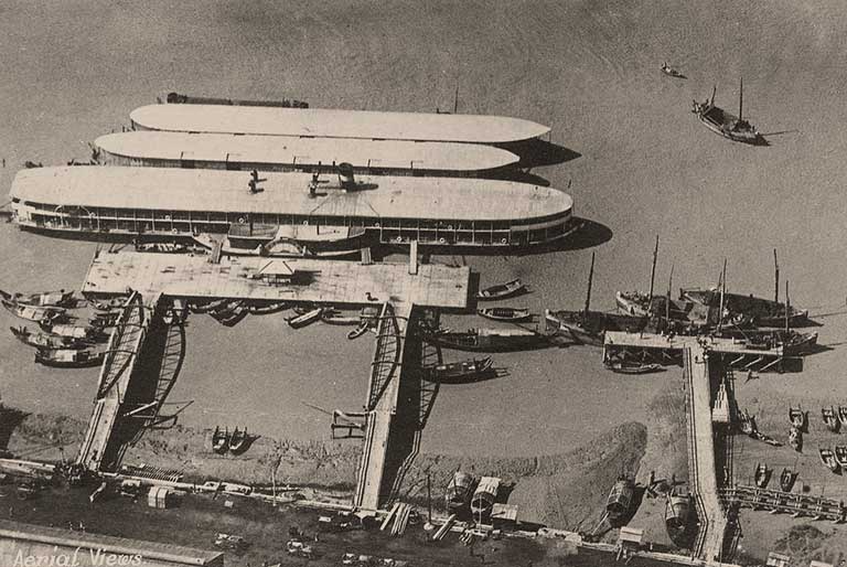 Ariel view of steamers on the Rangoon River 