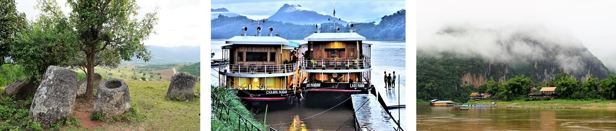 Plain of Jars, sister ships Champa and Laos Pandaw moored together and the other of misty mountains near Pak ou Buddha caves