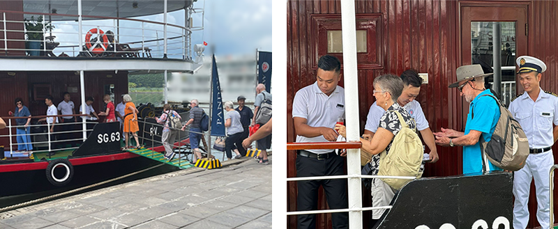 Passengers boarding RV Angkor Pandaw (Image at LateCruiseNews.com - September 2023)