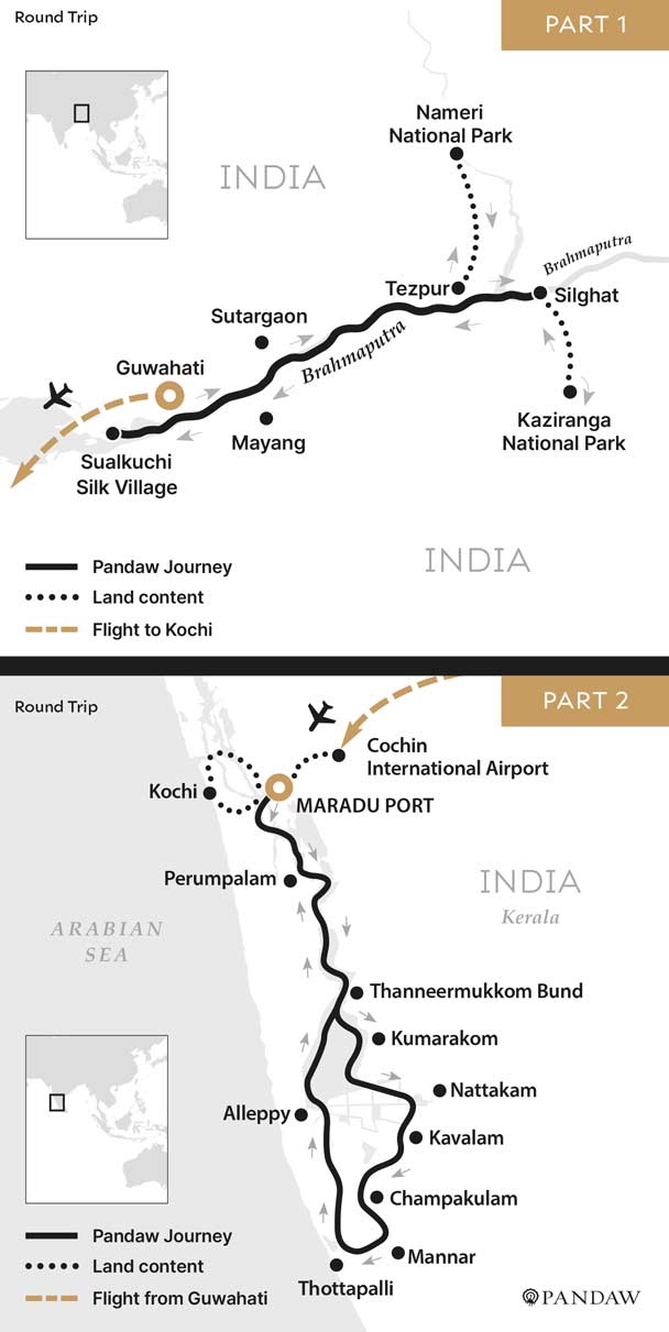 River Cruise map for The Mighty Brahmaputra & Kerala Backwaters