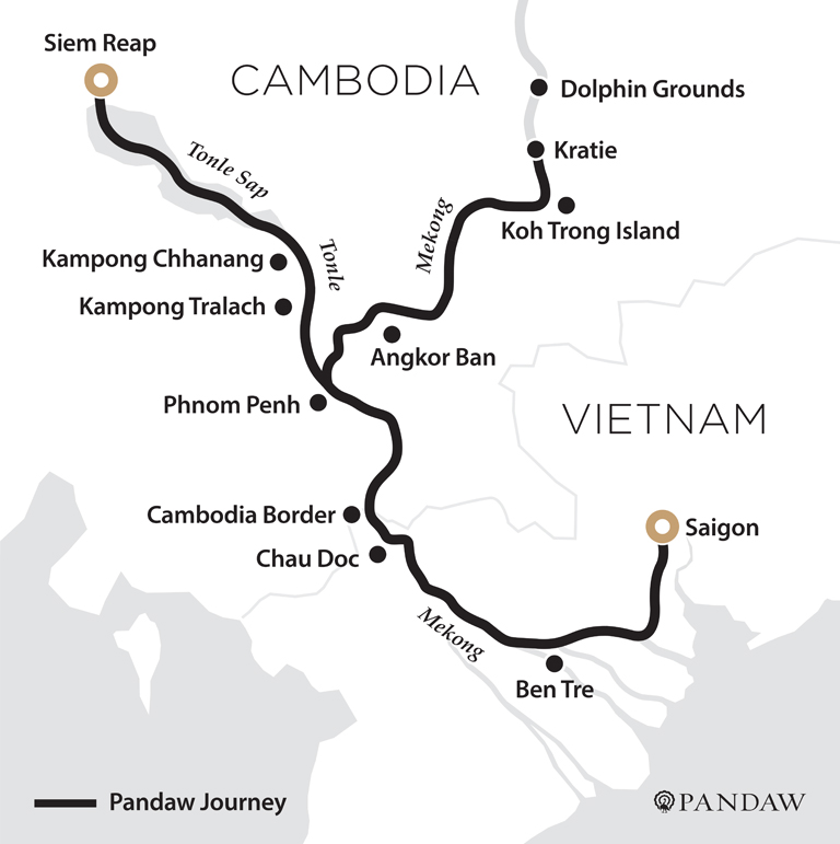 River Cruise map for Deeper and Further on the Mekong River - Saigon to Siem Reap