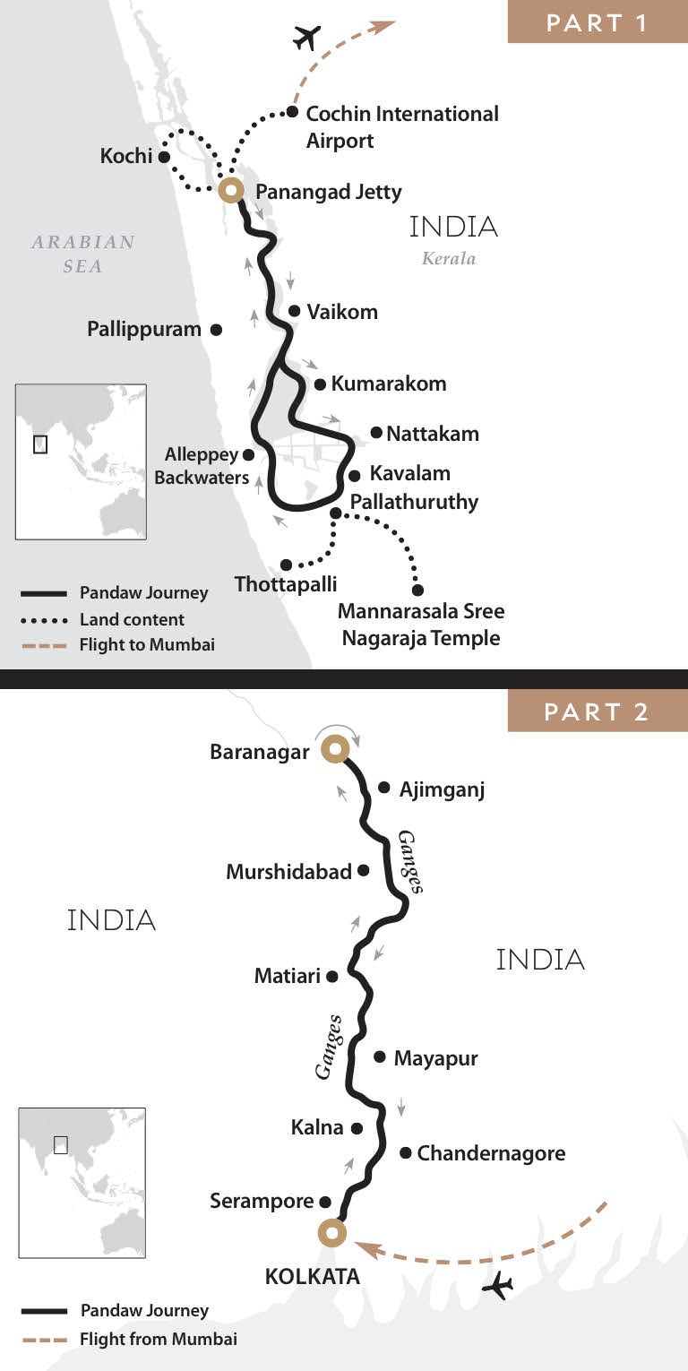 River Cruise map for Kerala Backwaters & the Hooghly River