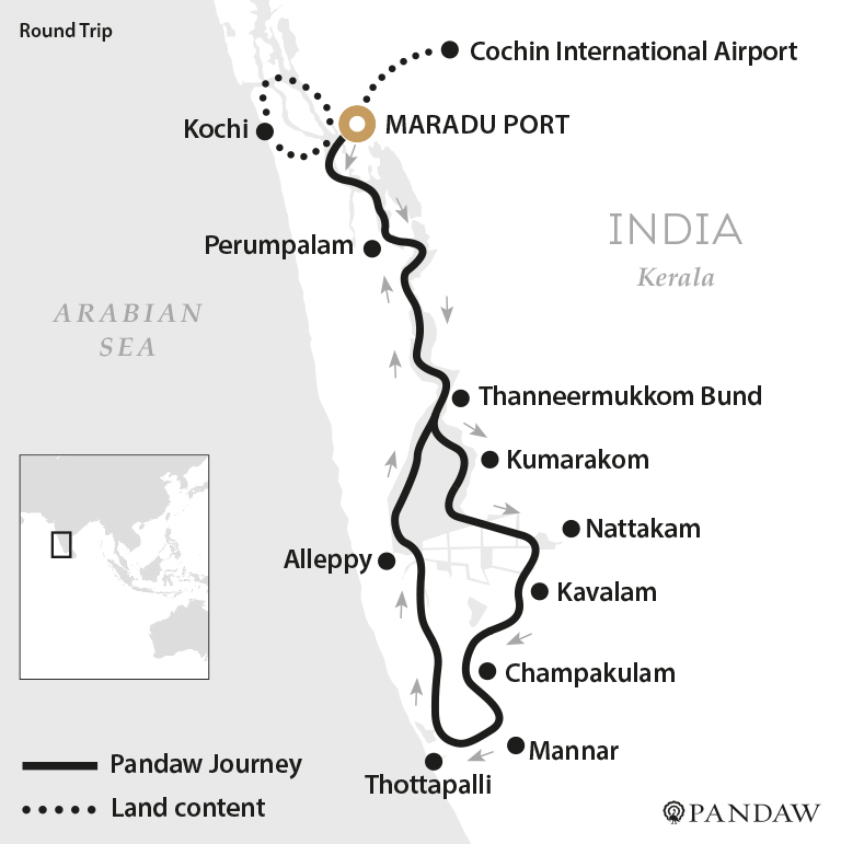 River Cruise map for The Kerala Backwaters